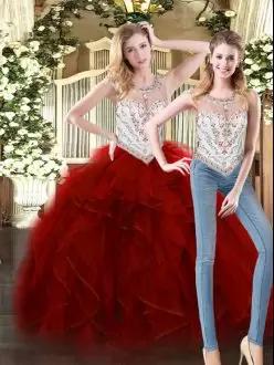 Stunning Wine Red Quinceanera Dresses Military Ball and Sweet 16 and Quinceanera with Beading and Ruffles Scoop Sleeveless Zipper