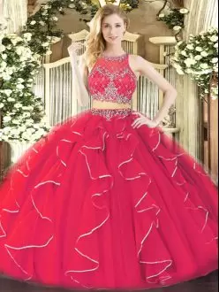 Coral Red Ball Gowns Ruffles Ball Gown Prom Dress Zipper Organza Sleeveless Floor Length