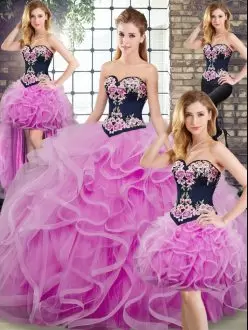 Perfect Sweetheart Sleeveless Sweep Train Lace Up Quinceanera Dresses Lilac Embroidery and Ruffles