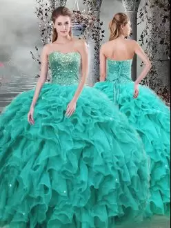 Deluxe Floor Length Ball Gowns Sleeveless Turquoise Vestidos de Quinceanera Lace Up