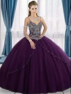 Dynamic Purple Quinceanera Dress Spaghetti Straps Sleeveless Sweep Train Lace Up