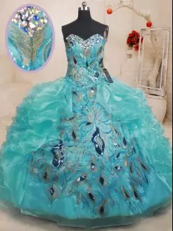 Inexpensive Teal Zipper Sweetheart Beading and Embroidery and Ruffles Vestidos de Quinceanera Organza Sleeveless