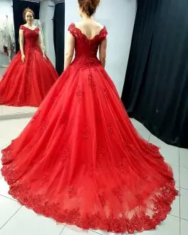 Beading and Appliques 15 Quinceanera Dress Red Zipper Cap Sleeves With Train Court Train