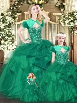 Flare Green Ball Gowns Beading and Ruffles Quinceanera Gown Lace Up Organza Sleeveless Floor Length