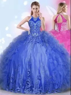 Customized Royal Blue Ball Gowns Appliques and Ruffles 15th Birthday Dress Lace Up Tulle Sleeveless Floor Length
