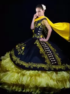 Western Style Black and Yellow Ball Gowns Embroidery and Ruffled Layers Quinceanera Dresses Organza and Taffeta with Buttons