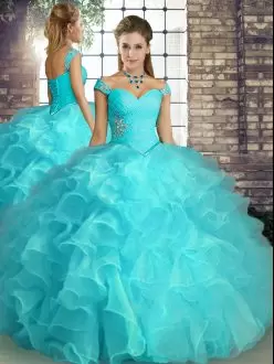 Floor Length Lace Up Quinceanera Dresses Aqua Blue for Military Ball and Sweet 16 and Quinceanera with Beading and Ruffles