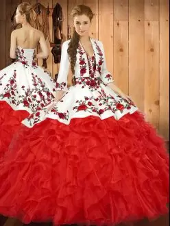 Red and White Embroidery and Ruffles Quinceanera Dress Lace Up with Jacket