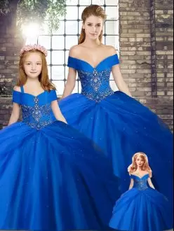 Custom Designed Off The Shoulder Sleeveless Brush Train Lace Up Quinceanera Dress Royal Blue Tulle Beading and Pick Ups