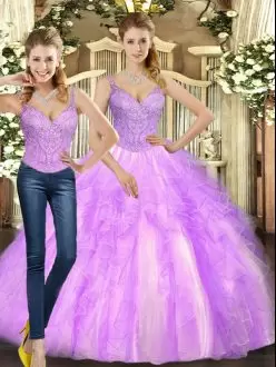 Floor Length Lilac Vestidos de Quinceanera Straps Sleeveless Lace Up