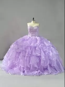 Best Selling Lavender Lace Up Sweetheart Beading and Ruffles Quinceanera Gowns Organza Sleeveless Brush Train