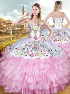 Charro Sleeveless White Long Sweet 15 Quinceanera Dress with Colorful Embroidery and Pink Ruffled Layers