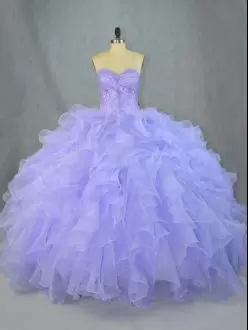 Smart Sweetheart Sleeveless Lace Up Quinceanera Dress Lavender Organza Beading and Ruffles