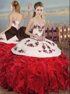 Latest White And Red Sleeveless Floor Length Embroidery and Ruffles and Bowknot Lace Up Vestidos de Quinceanera Sweetheart