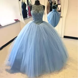 Exquisite Baby Blue Ball Gown Prom Dress Sweet 16 and Quinceanera with Beading Halter Top Sleeveless Lace Up