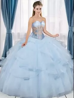 Cute Ball Gowns Sweet 16 Quinceanera Dress Blue Sweetheart Tulle Sleeveless Floor Length Lace Up