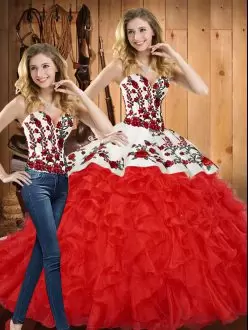 Captivating Sleeveless Tulle Floor Length Lace Up Vestidos de Quinceanera in Red with Embroidery and Ruffles