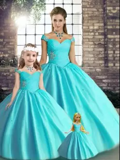 Aqua Blue Sweet 16 Dresses Military Ball and Sweet 16 and Quinceanera with Beading Off The Shoulder Sleeveless Lace Up