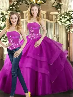 Traditional Fuchsia Ball Gowns Tulle Strapless Sleeveless Beading and Ruffles Floor Length Lace Up Sweet 16 Quinceanera Dress