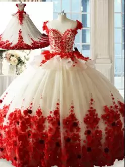 Most Popular White And Red Zipper Quinceanera Dress Hand Made Flower Sleeveless Brush Train