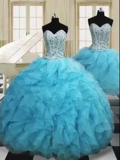 Decent Floor Length Baby Blue Sweet 16 Quinceanera Dress Organza Sleeveless Beading and Ruffles