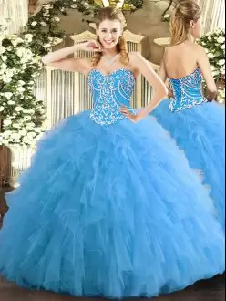 Enchanting Aqua Blue Tulle Lace Up Sweetheart Sleeveless Floor Length Quince Ball Gowns Beading and Ruffles