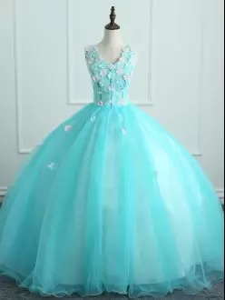 Simple Aqua Blue Ball Gown Quinceanera Dress with V-neck Lace Over with Pink Flowers