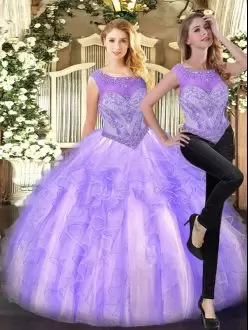 Fashion Sleeveless Tulle Floor Length Zipper Quinceanera Dresses in Lilac with Beading and Ruffles