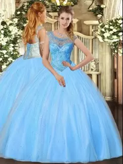 Baby Blue Quinceanera Gowns Sweet 16 and Quinceanera with Beading Scoop Sleeveless Lace Up