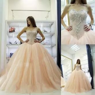 Flare Sweetheart Sleeveless Quinceanera Dresses Floor Length Beading Champagne Satin and Tulle