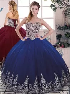 Glittering Royal Blue Lace Up Sweetheart Beading and Embroidery Quinceanera Dress Tulle Sleeveless