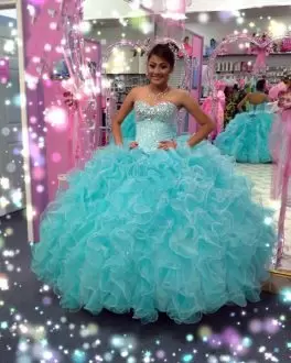 Fabulous Aqua Blue Tulle Lace Up Ball Gown Prom Dress Sleeveless Floor Length Beading and Ruffles