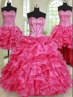 Dramatic Sleeveless Floor Length Beading and Ruffles Lace Up Quinceanera Dresses with Hot Pink