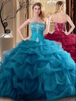 Sweetheart Sleeveless Lace Up 15th Birthday Dress Teal Tulle Embroidery and Ruffles