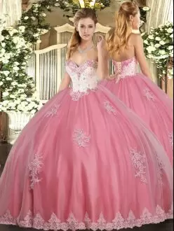 Sleeveless Floor Length Beading and Appliques Lace Up Quinceanera Gowns with Watermelon Red