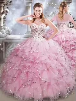 Floor Length Lace Up Sweet 16 Dresses Baby Pink for Military Ball and Sweet 16 and Quinceanera with Beading and Ruffles