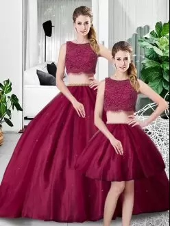 Custom Fit Sleeveless Floor Length Lace and Ruching Zipper Quince Ball Gowns with Fuchsia