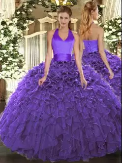 Graceful Ball Gowns 15th Birthday Dress Purple Halter Top Organza Sleeveless Floor Length Lace Up