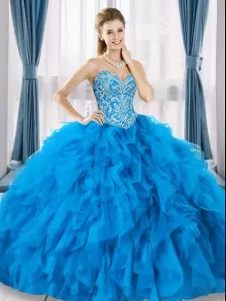 Glittering Blue Ball Gowns Tulle Sweetheart Sleeveless Beading and Ruffles Floor Length Lace Up Sweet 16 Dress
