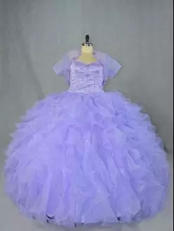 Discount Sleeveless Floor Length Beading and Ruffles Lace Up Sweet 16 Quinceanera Dress with Lavender