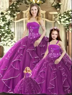 Tulle Sleeveless Floor Length 15th Birthday Dress and Beading and Ruffles