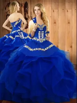 Blue Sleeveless Floor Length Embroidery and Ruffles Lace Up Sweet 16 Quinceanera Dress Sweetheart