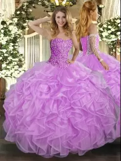 Eye-catching Lilac Tulle Lace Up Sweetheart Sleeveless Floor Length Quinceanera Gowns Beading and Ruffles