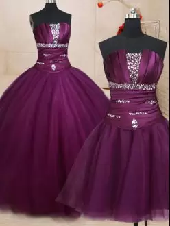 Sexy Dark Purple Tulle Lace Up Vestidos de Quinceanera Sleeveless Floor Length Beading