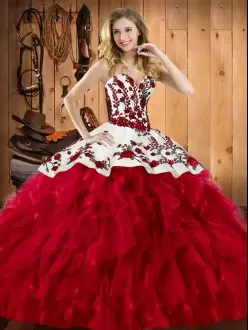 Custom Design Wine Red Ball Gowns Satin and Organza Sweetheart Sleeveless Embroidery and Ruffles Floor Length Lace Up Sweet 16 Dress