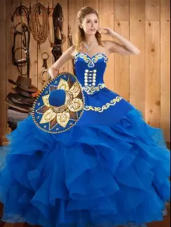 Blue Lace Up Sweetheart Embroidery and Ruffles Quince Ball Gowns Satin and Organza Sleeveless
