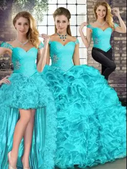 Best Aqua Blue Sleeveless Beading and Ruffles Floor Length Quinceanera Dresses