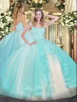 Great Aqua Blue Straps Neckline Beading 15 Quinceanera Dress Sleeveless Zipper