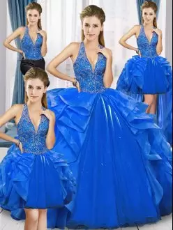 Sleeveless Halter Top Lace Up Floor Length Beading and Ruffles Quince Ball Gowns Halter Top