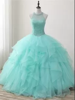 Vintage Apple Green Sleeveless Organza Lace Up 15th Birthday Dress for Military Ball and Sweet 16 and Quinceanera